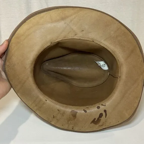 Vtg Henschel Skullys Braid Suede Hat LG Cowhide Leather Outback Bush USA Cowboy - Picture 8 of 8